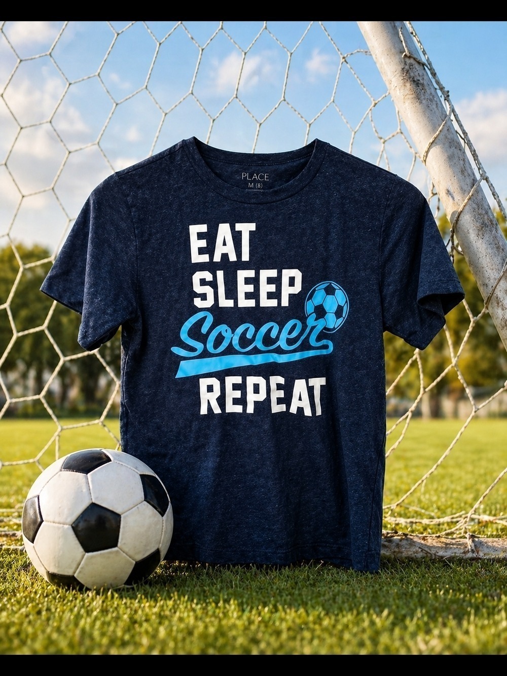 "Eat Sleep Soccer Repeat" Humorous Crewneck NavyTee Size 8 Med